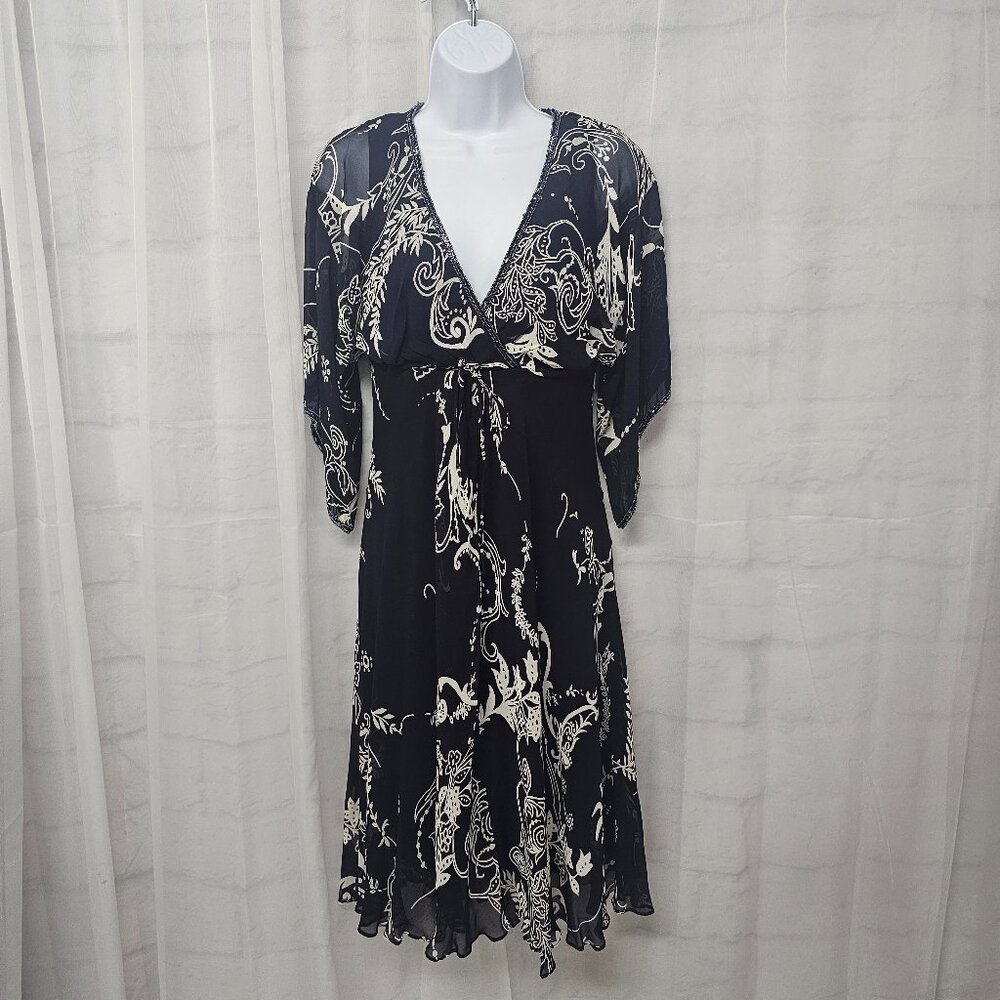 Eva Blue Dress Navy Blue Midi Beaded Floral Sheer Boho Retro 6